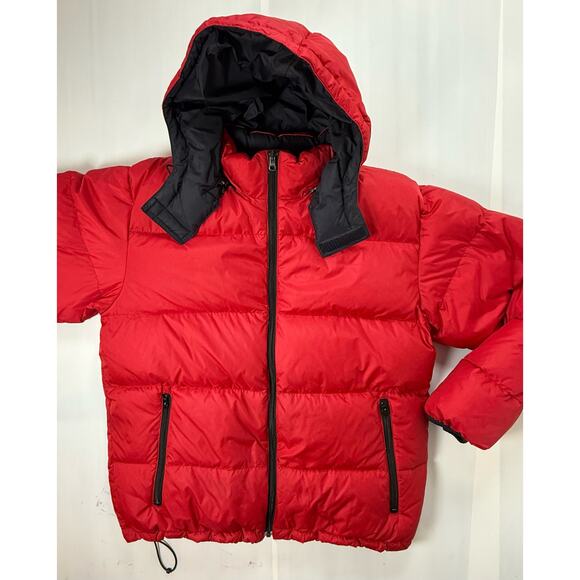 LANDS END Sz LG 42-44 Reversible Down Puffer Jacket Red Navy Removable Hood - Picture 2 of 11